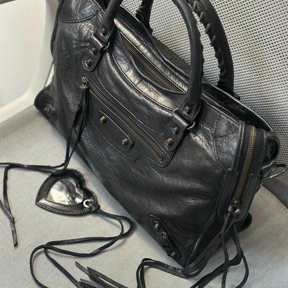 Balenciaga Handbags - Balenciaga Black Leather Satchel with Heart Mirror Charm
